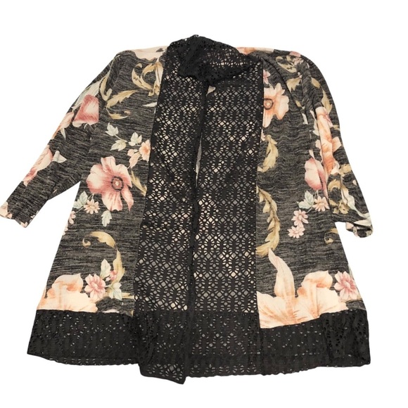 Chicos Sz 2 M Crochet Lace Trim Floral Kimono Boho Festival Feminine Cardigan - Picture 6 of 10
